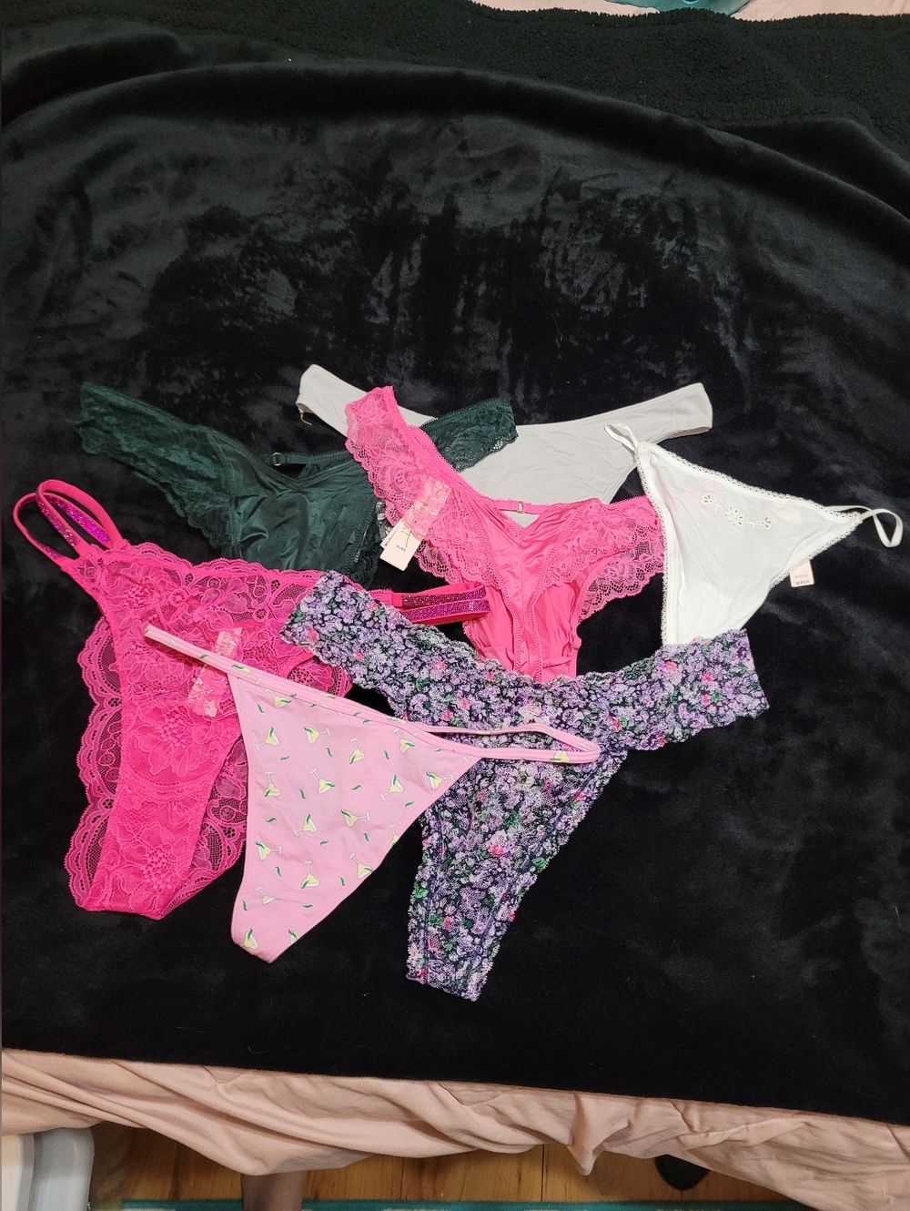 7 Piece Mixed Women's Lace & Cotton Thong Set - Hot Pink, Green, White, Floral